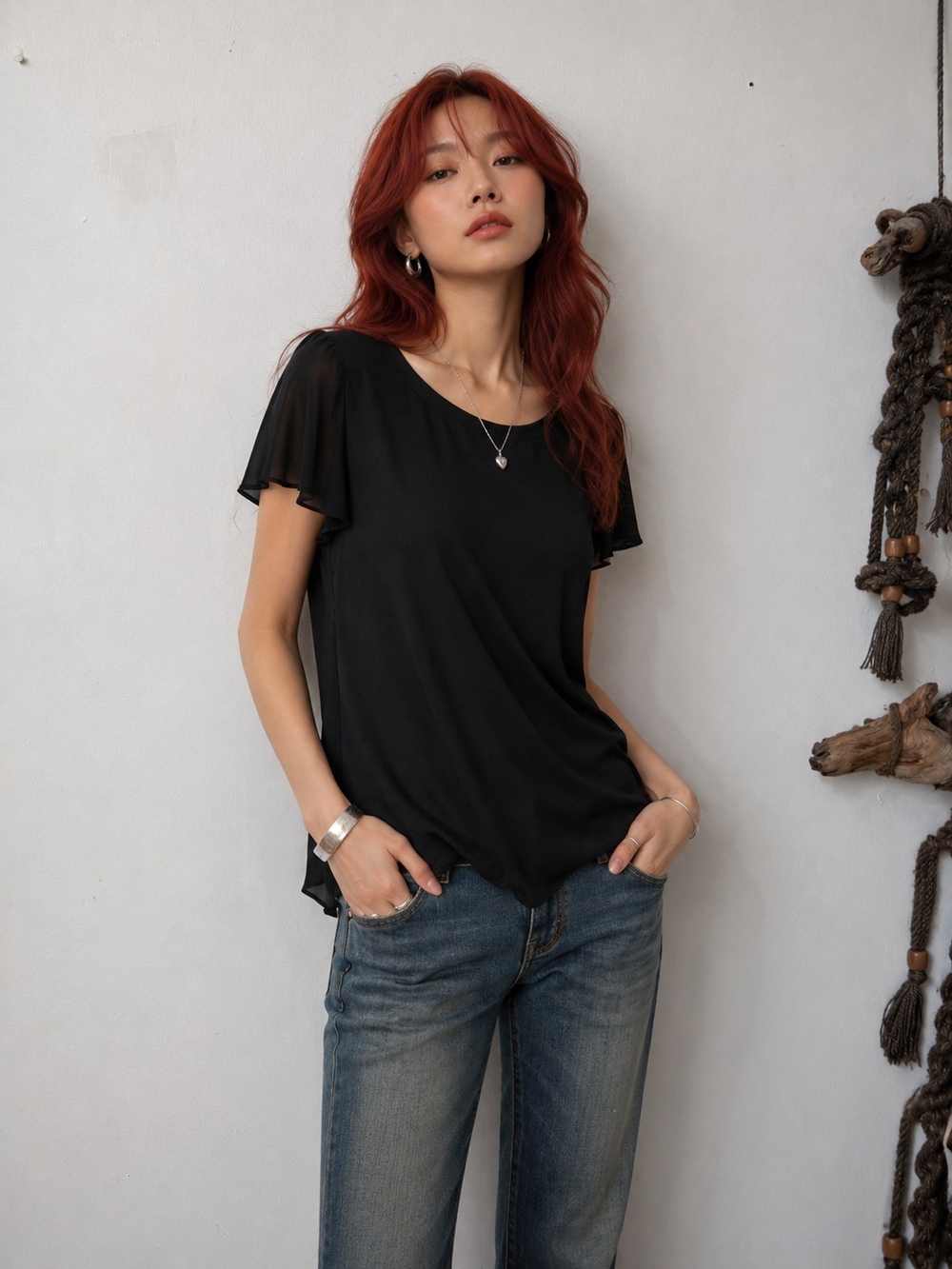 5/$15 Hilary Radley Black Flutter Sleeve Women's Top